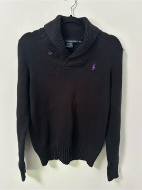 NWT Ralph Lauren Sport Sz M Shawl Collar Knit Cotton Sweater Women's Purple Logo
